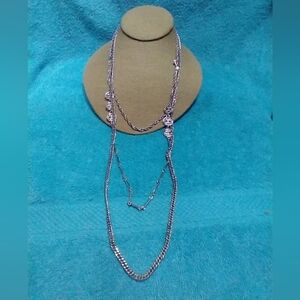 Elegant Long Silver Multi Layer Chain Necklace decorative accents vintage